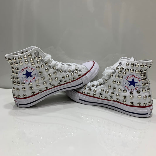 Converse Bianche Alte All star personalizzate con Borchie Argento Stelle