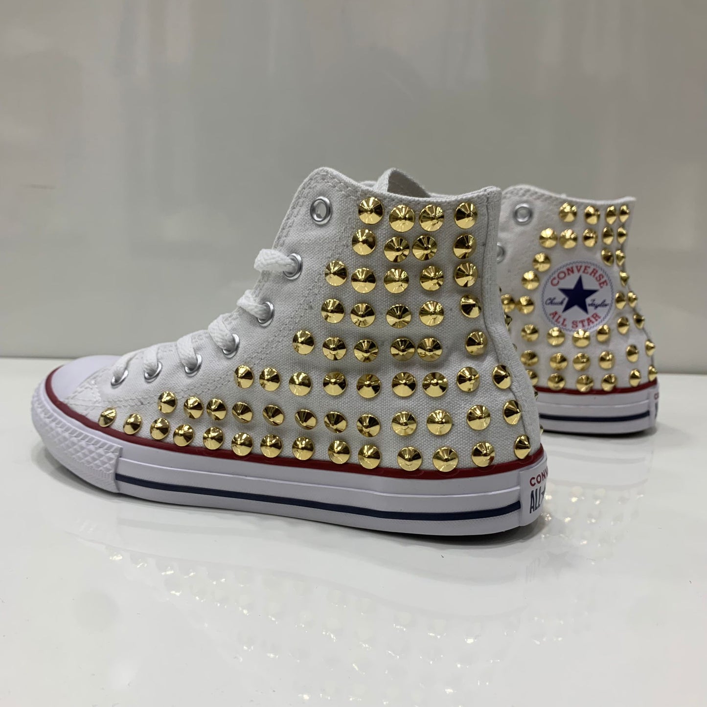 Converse Bianche All Star Alte personalizzate con Borchie Oro