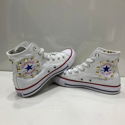 Converse Bianche All Star Alte personalizzate con Borchie Oro