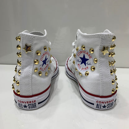 Converse Bianche All Star Alte personalizzate con Borchie Oro