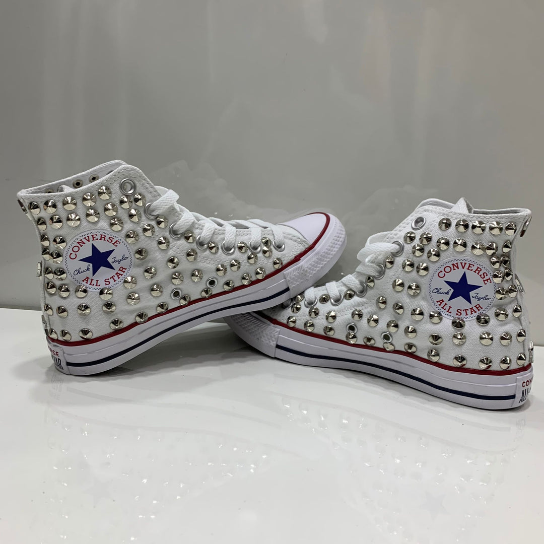 Converse Bianche Alte All star personalizzate con Borchie Argento Stel SHOPPING SPORT SRLS