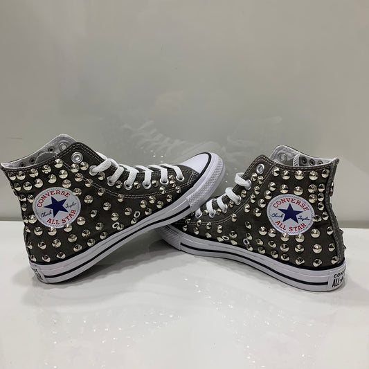 Converse Grigio Scuro Charcol Alte all star con Borchie Argento Stella No Logo