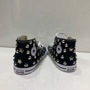 Converse All Star Nere alte  in tela personalizzate con borchie argento Stelle