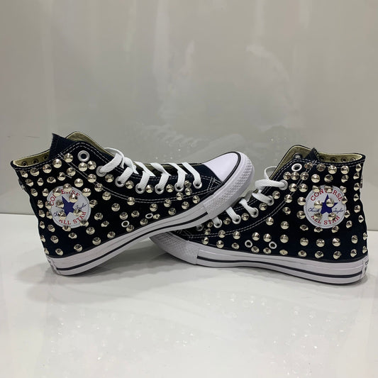 Converse Nere Alte all star personalizzate con Borchie Argento Full Stelle