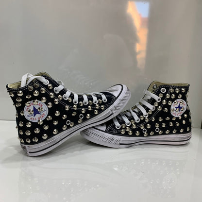 Converse Nere Alte All Star personalizzate  con Borchie Argento effetto sporco