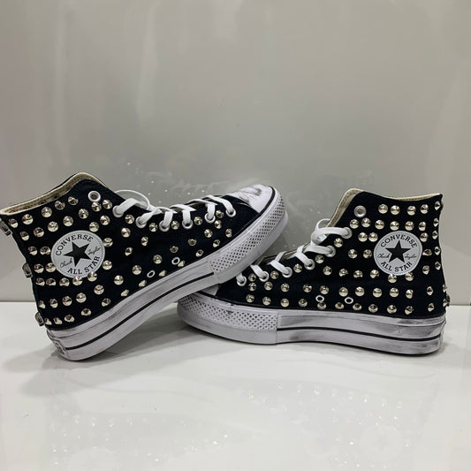 Converse Platform  Alte all star  personalizzate con Borchie Argento Teschi effetto sporco