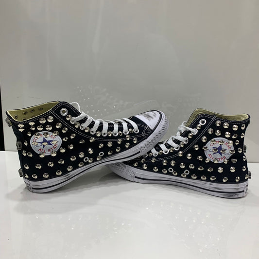 Converse Nere Alte All Star personalizzate  con Borchie Argento effetto sporco