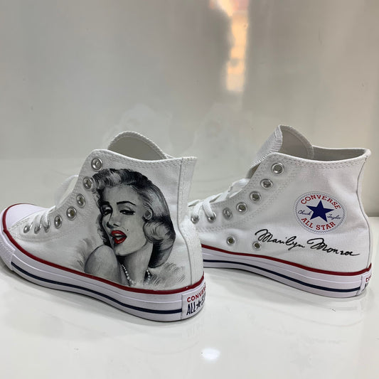 Converse All Star Bianche Alte personalizzate Disegnate Marilyn Monroe