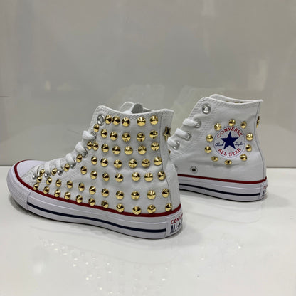 Converse Bianche All Star Alte personalizzate con Borchie Oro