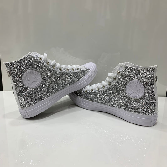 Converse All star Monochrome Bianche Alte personalizzate con tessuto Glitter Borchie Argento Stelle