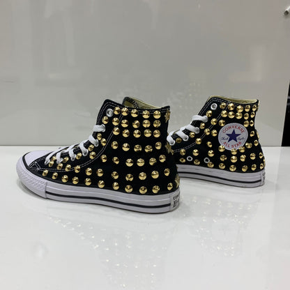 Converse All star Nere Alte personalizzate con Borchie Oro Stelle no Logo