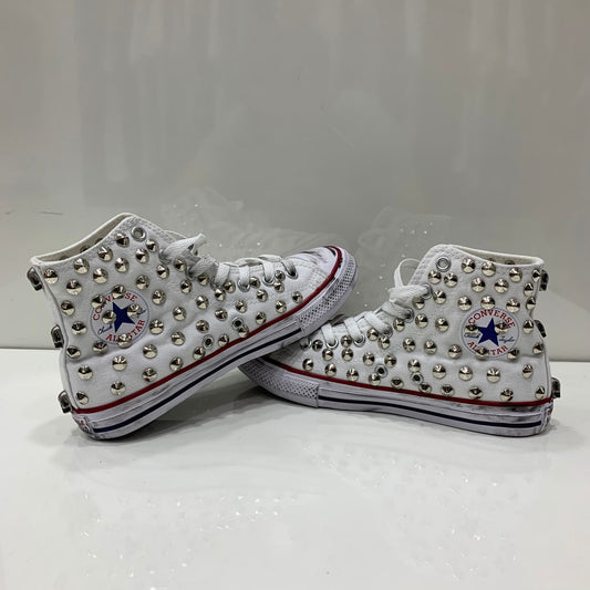 Converse Bianche All Star Alte personalizzate con Argento Effetto Sporco Teschi