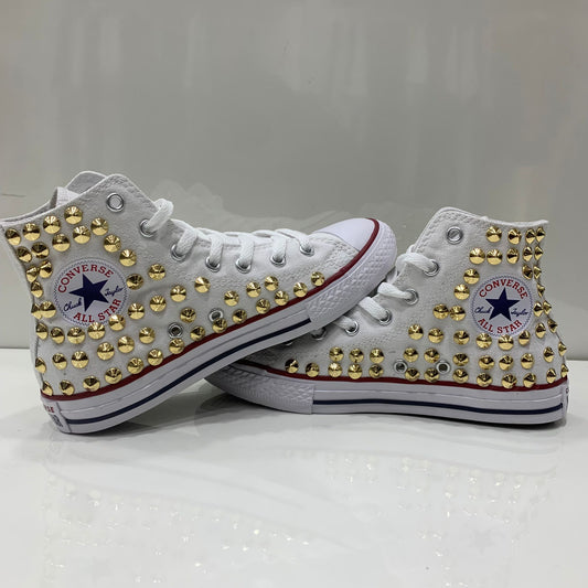 Converse Bianche All Star Alte personalizzate con Borchie Oro